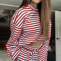 Women's Solid Color Minimalist Striped Pajama Set with Dual-Pocket  Adjustable Drawstring Long Trousers 