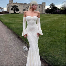 Women's fashionable and sexy flared sleeve strapless one shoulder dress with mesh lace fishtail skirt