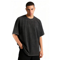 American style distressed washed short sleeved unisex summer loose solid color round neck versatile off shoulder t-shirt