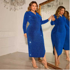 Women's new European and American fashion dress V-neck sexy high waist slit dress long skirt